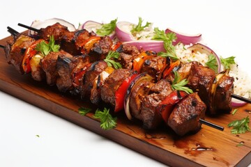 Wall Mural - Appetizing shish kebab on skewers. Traditional American cuisine. Popular authentic dishes. Background