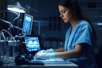 Poster - Woman in Blue Scrub Suit Working on Computer