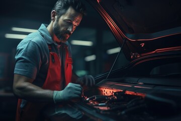 Canvas Print - Man Working on Car in Garage