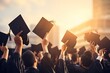 Graduates holding diplomas in their hands. Education and graduation concept, graduation ceremony concept hat and diploma up raised hands closeup, AI Generated