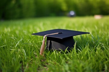 Poster - Graduation cap and diploma on green grass, shallow depth of field, graduation hat lies on green grass, AI Generated