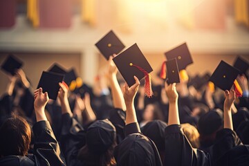 Poster - Graduation Ceremony, Students holding mortarboard and tassel, graduation ceremony concept hat and diploma up raised hands closeup, AI Generated