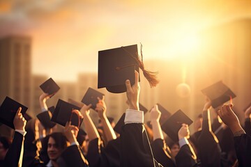 Poster - Graduates holding mortarboard and diploma at graduation ceremony. Graduation concept, graduation ceremony concept hat and diploma up raised hands closeup, AI Generated