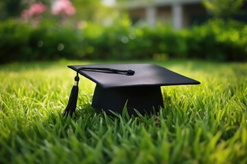 Poster - Graduation hat on green grass in the garden. Education concept, graduation hat lies on green grass, AI Generated