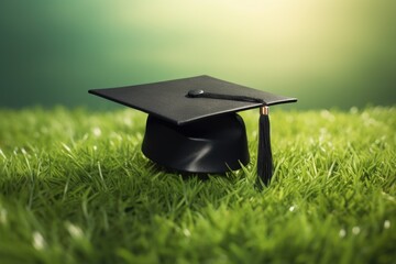 Poster - Graduation cap on green grass background with copy space. Education concept, graduation hat lies on green grass, AI Generated