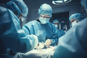 Poster - group of veterinarian surgery in operation room take with art lighting and blue filter, group of veterinary surgery in the operating room, AI Generated
