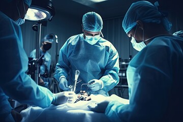 Poster - Group of surgeons at work in operating room toned in blue, group of veterinary surgery in the operating room, AI Generated