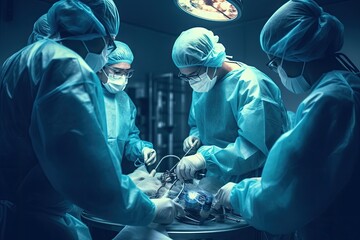 Poster - group of veterinarian surgery in operation room take with art lighting and blue filter, group of veterinary surgery in the operating room, AI Generated