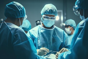 Poster - Team surgeon at work in operating room. Group of surgeons in operating room, group of veterinary surgery in the operating room, AI Generated
