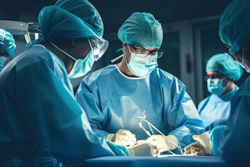 Poster - Team surgeon at work in operating room. Group of surgeons in operating room with surgery equipment, group of veterinary surgery in the operating room, AI Generated