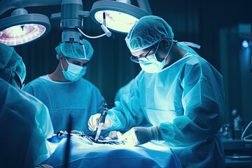 Poster - group of veterinarian surgery in operation room take with art lighting and blue filter, group of veterinary surgery in the operating room, AI Generated