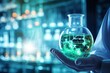 Close up of scientist hand holding flask with green glowing network hologram, hand of scientist holding flask with lab glassware in chemical laboratory background, AI Generated