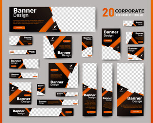 Wall Mural - Professional business web ad banner template with photo place. Modern layout black background and orange shape and text design	
