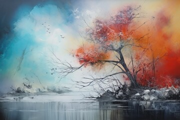 Poster - autumn landscape with tree, lake and birds. digital painting, hand drawn oil painting on canvas and 