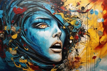 Poster - abstract color painting of the face of a woman with closed eyes, hand drawn oil painting on canvas a