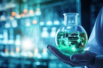 Poster - Close up of scientist hand holding flask with green glowing network hologram, hand of scientist holding flask with lab glassware in chemical laboratory background, AI Generated