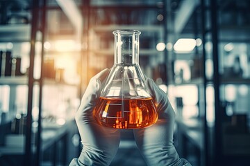 Poster - Laboratory glassware containing chemical liquid, science research and development concept, hand of scientist holding flask with lab glassware in chemical laboratory background, AI Generated