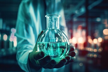 Poster - Close up of scientist holding flask with green liquid in laboratory. Mixed media, hand of scientist holding flask with lab glassware in chemical laboratory background, AI Generated