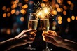 two hands holding glasses with champagne and sparklers on bokeh background, Hands of couple with flutes of champagne and their friends with bengal lights, AI Generated