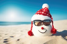 Snowman Wearing Santa Hat And Sunglasses On The Beach With Sea Background, Happy Sandy Snowman With Sunglasses And Santa Hat On Sunny Christmas Day Afternoon, AI Generated