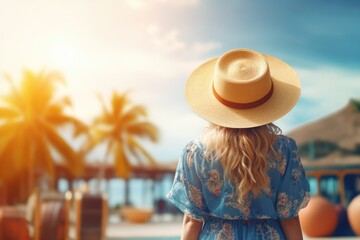 Poster - Young woman in blue dress and straw hat on the tropical beach, Happy travel woman on vacation concept. woman rear view, AI Generated