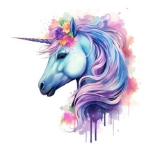Watercolor Fantasy Unicorn Clip Art.