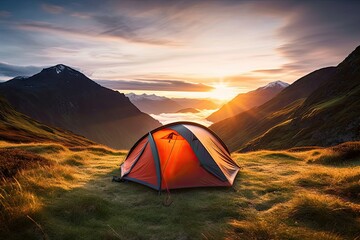 Wall Mural - Morning serenity. Camping in heart of nature. Mountain adventure. Camping under starry sky. Wilderness getaway. Sunset by lake