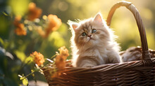 Cat In The Basket With Flowers