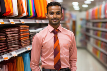 Wall Mural - Young indian salesman standing at clothing store.