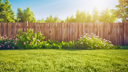 Wall Mural - green grass lawn, flowers and wooden fence in spring backyard garden