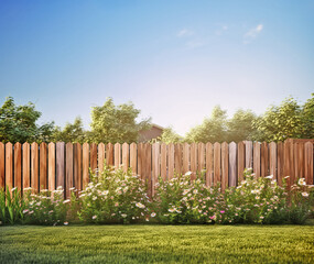 Wall Mural - green grass lawn, flowers and wooden fence in spring backyard garden