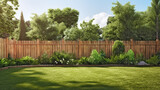 Fototapeta Perspektywa 3d - green grass lawn, flowers and wooden fence in summer backyard garden