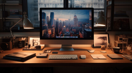 interior of office at home setup with computer with desk and chair with a stunning view through the 