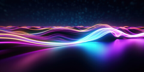 Poster - Abstract background with colorful glowing neon moving high speed line and wave and bokeh lights horizontal to vertical. Data transfer concept, reflect on the floor.