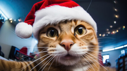 Wall Mural - Selfie of a cat on Santa hat on blur bokeh background