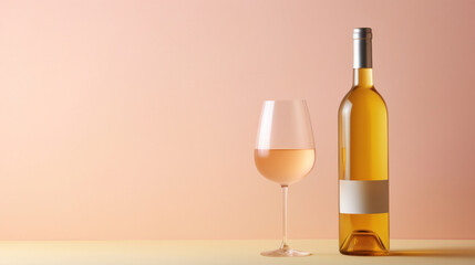 Wall Mural - White wine bottle with a glass on a pastel pink background