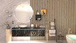 Interior design di un bagno moderno con listelli di legno su parete ed elementi in marmo nero e oro. Interior design of a modern bathroom with black and gold marble elemennts.