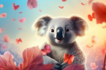 Wall Mural -  a koala is holding onto a flower with butterflies around it.  generative ai