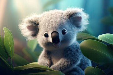 Wall Mural -  a cute little koala is sitting in the leaves of a tree.  generative ai