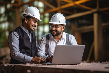 Two indian engineers checking information on a laptop.