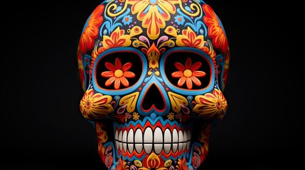 Canvas Print - 3D rendered day of the dead sugar skull with colorful pattern isolated on black background