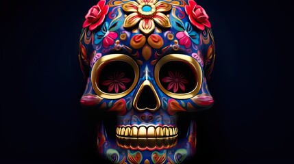 Canvas Print - 3D rendered day of the dead sugar skull with colorful pattern isolated on black background