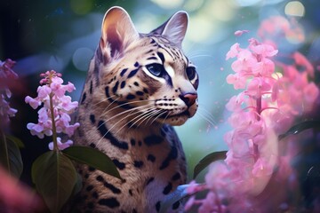 Sticker -  a close up of a cat near a bunch of flowers.  generative ai