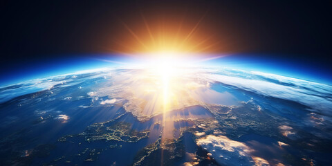 Wall Mural - panoramic view on planet earth globe from space with rising sun. glowing city lights, light clouds. 