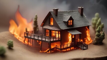 Wall Mural - 住宅のミニチュア模型が燃える。住宅火災のイメージ｜A miniature model of a house catches fire. Image of a house fire. Generative AI