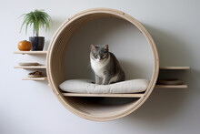 Creative Round Wooden House Shelf For Cats On Wall, Kitty Indoors On Cat Tree From Plywood.
