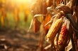Photo of yellow corns with the kernels attached to the cob in organic corn field background  made with AI Generated