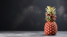 Festive Fruit Tree: A Creative Christmas Decoration Made Of Pineapple And Baubles On Grey Concrete Background
