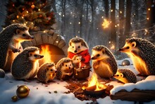 A Charming Scene Of A Family Of Hedgehogs Singing Christmas Carols Around A Toasty Bonfire In The Woods 