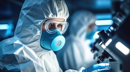 Aufkleber - Researcher in a protective mask working in a laboratory of a research institute, Medical research and development concept.